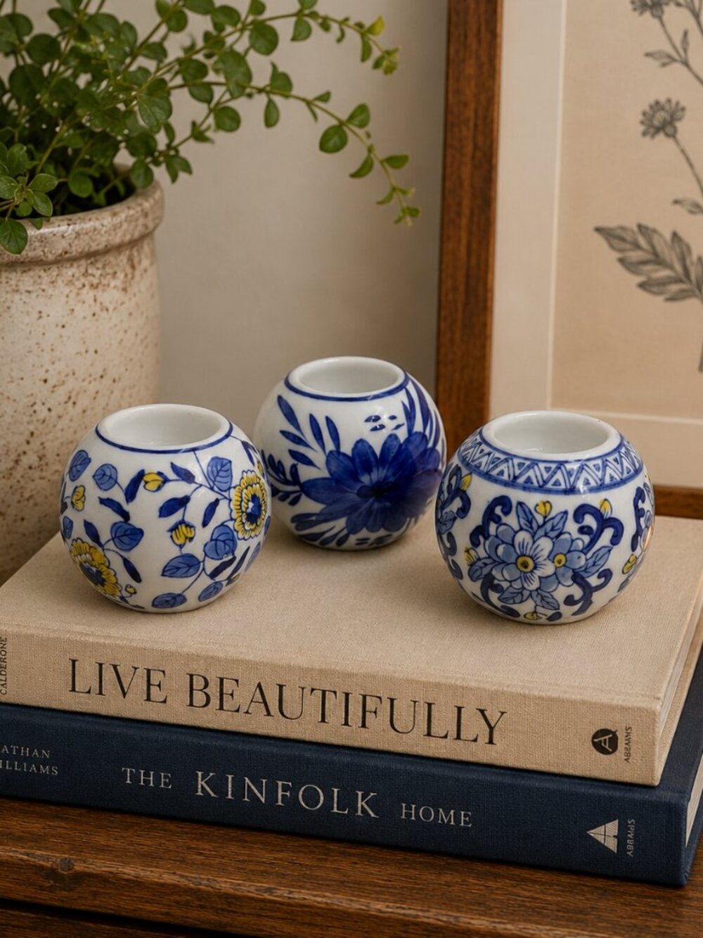 Set of 3 Blue & White Floral Ceramic Votive Candle Holders Tea Light Globes